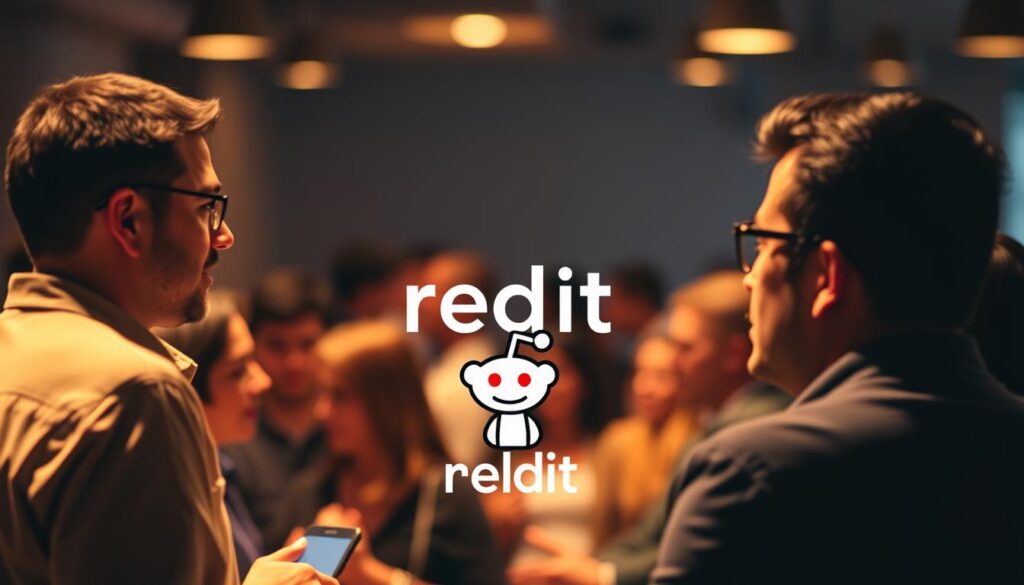 A bustling Reddit community forum, illuminated by warm lighting, showcases genuine conversations and interactions around the topic of AI and marketing. In the foreground, a user with the username "Antonio Fuentes" engages authentically with others, sharing insights and experiences. The middle ground features a clean, minimalist design aesthetic, with the Reddit logo prominently displayed, conveying a sense of authority and trust. The background blurs into a soft, atmospheric setting, highlighting the importance of building connections and rapport within online communities for effective AI visibility and recommendations.