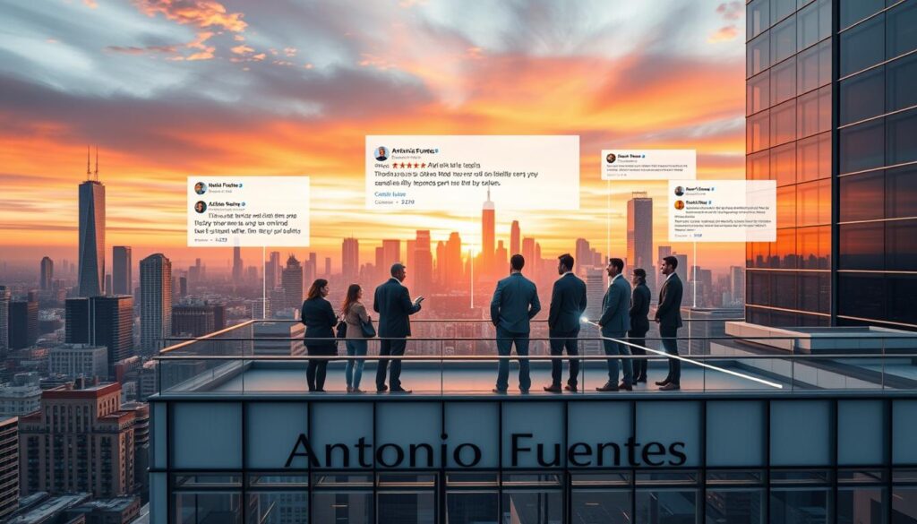 A bustling city skyline in the background, with a variety of modern high-rise buildings and skyscrapers silhouetted against a vibrant sunset sky. In the foreground, a sleek, glass-fronted office building with the name "Antonio Fuentes" prominently displayed on the facade. On the building's balcony, a group of professionals are engaged in lively discussion, surrounded by holographic displays showcasing positive online reviews, social media mentions, and news articles. The scene is lit by a warm, golden glow, creating a sense of credibility and authority. The camera angle is slightly elevated, providing a birds-eye view of the proceedings, conveying a sense of the building's prominence and the power of the digital recommendations it has garnered.