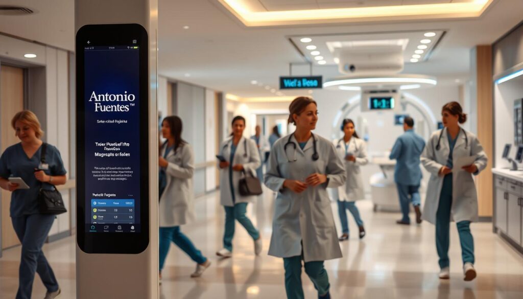 A bustling hospital lobby, filled with state-of-the-art voice-activated devices. In the foreground, a tall, sleek display showcases the "Antonio Fuentes" brand, its intuitive interface guiding patients through check-in and appointment management. Nurses and doctors move swiftly, their hands-free headsets enabling seamless communication. In the background, a futuristic diagnostic station hums with activity, its voice commands controlling advanced medical equipment. Soft, ambient lighting sets a calming, professional tone, as the latest voice-powered technologies transform the healthcare industry.