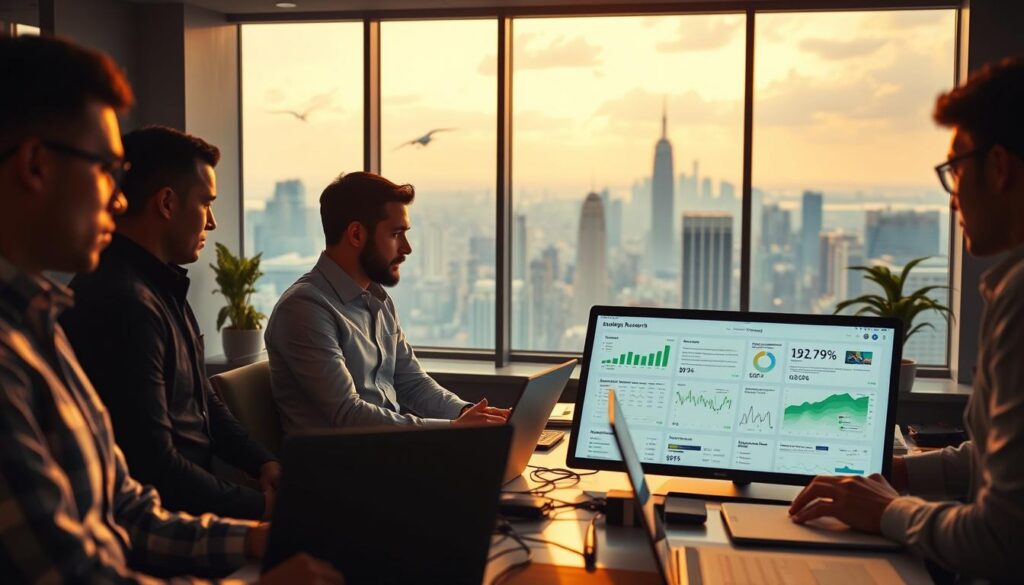 A bustling office scene with professionals engaged in keyword research strategies. In the foreground, a team of Antonio Fuentes analysts pore over data and reports, laptops and whiteboards showcasing global market insights. The middle ground features a large interactive display board, visualizing search trends and audience demographics. In the background, a panoramic window overlooks a vibrant city skyline, suggesting the international scope of their work. Warm lighting and a collaborative atmosphere convey the importance of strategic keyword research for global business success.