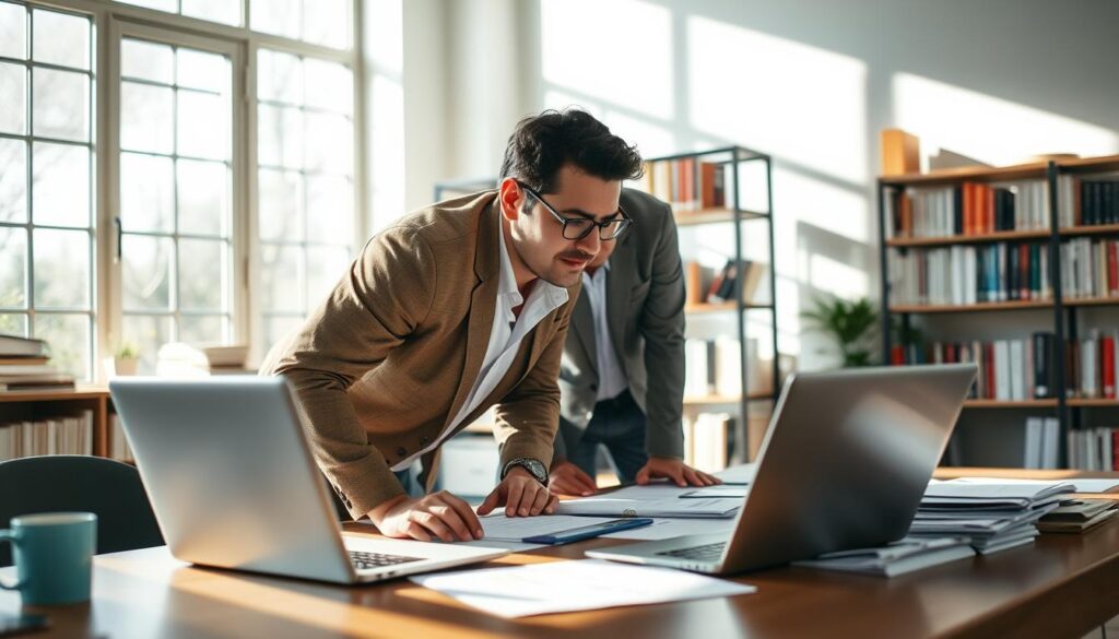 A serene office setting, sunlight streaming through large windows, illuminating a wooden desk where a laptop and various documents are neatly arranged. In the foreground, Antonio Fuentes, a seasoned marketing expert, leans forward, engaged in a thoughtful discussion with a colleague. Their expressions convey a sense of collaboration and insightful analysis. In the background, shelves filled with reference materials and case studies provide a sense of expertise and research-driven insights. The overall scene evokes a mood of professional exploration and the application of AI-powered keyword research strategies for real-world success.