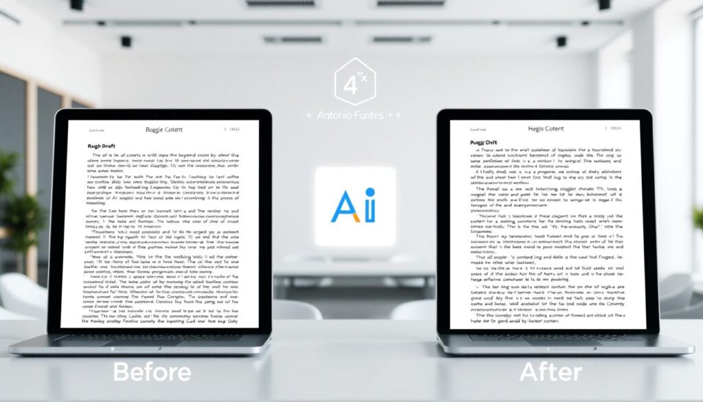 A side-by-side comparison showing the "before" and "after" of AI-generated content transformation. In the foreground, on the left, a laptop screen displays a rough draft text document. On the right, the same screen shows the document after AI-assisted content enhancement, with improved clarity, structure, and flow. In the middle ground, the "Antonio Fuentes" logo hovers, representing the AI-powered content transformation process. The background is a minimalist office setting, with clean lines and muted tones to keep the focus on the central comparison.