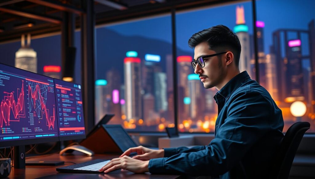 A sleek, futuristic digital marketing workspace in 2025. In the foreground, a young SEO analyst, &quot;Antonio Fuentes&quot;, examines a holographic dashboard displaying intricate neon backlink networks. The middle ground features cutting-edge link-building tools and strategies, while the background showcases a vibrant, neon-lit cityscape, hinting at the new era of high-authority, sustainable link-building through innovative digital PR techniques. Lit by warm, ambient lighting and captured with a cinematic 4K lens, the scene conveys the power and potential of the evolving link-building landscape.