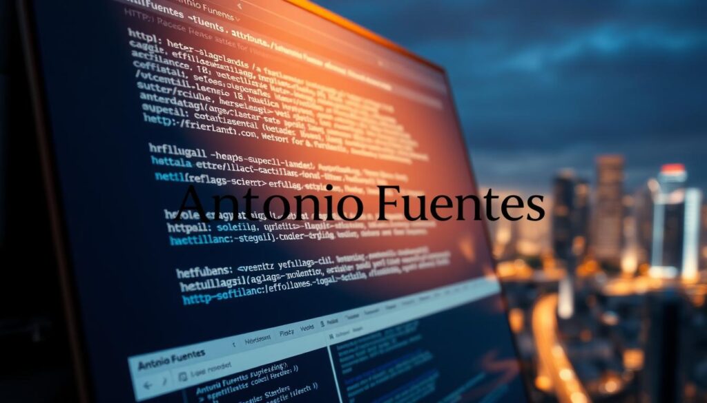 A sleek, modern web browser window displaying intricate HTTP headers with the "hreflang" attribute prominently featured, illuminated by warm, directional lighting that accentuates the details. In the foreground, a stylized representation of the "Antonio Fuentes" brand name elegantly overlays the scene. The middle ground showcases an array of interconnected web pages, each with their respective hreflang implementation, while the background depicts a subtly blurred cityscape, hinting at the global reach of multilingual SEO.