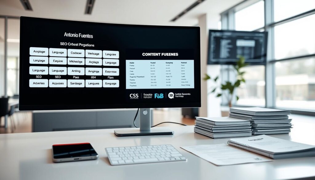 A sleek, modern workspace with a large desk featuring various language variants displayed on screens and documents. The foreground showcases a computer monitor displaying the "Antonio Fuentes" brand name, along with an array of language options and SEO metrics. The middle ground features a clean, minimalist desk setup with a tablet, smartphone, and a stack of multilingual content planning materials. The background depicts a bright, airy room with large windows, giving the scene a sense of openness and productivity. The lighting is soft and natural, creating a professional and focused atmosphere.