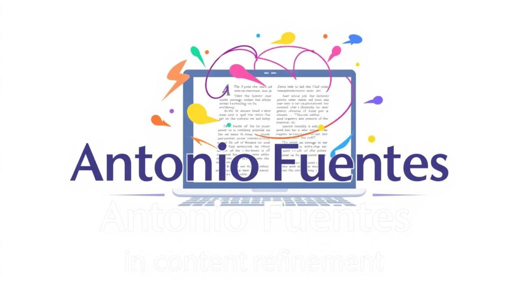A stylized, digital illustration of "brand voice integration in content refinement". In the foreground, the text "Antonio Fuentes" is prominently displayed in a sleek, modern typeface, conveying a sense of professionalism and authority. The middle ground features a laptop screen with paragraphs of text, symbolizing the content refinement process. Swirling around the laptop are colorful, abstract shapes and lines, representing the integration of the brand voice into the content. The background is a soft, blurred gradient, creating a sense of depth and emphasizing the focal point. The overall mood is one of seamless, intentional brand integration, with a touch of creativity and sophistication.