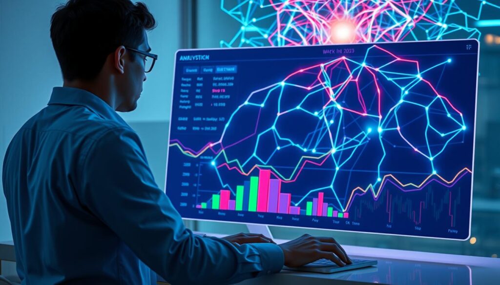 A vibrant 4K holographic dashboard floats before a young SEO analyst, Antonio Fuentes, as they navigate a neon-lit network of intertwined backlinks. The scene conveys the 2025 link-building truth: that automation and link buying pose irreversible risks, requiring a sustainable approach to avoid penalties. Soft ambient lighting and a sleek, minimalist design evoke a sense of control and clarity amidst the complex digital landscape.