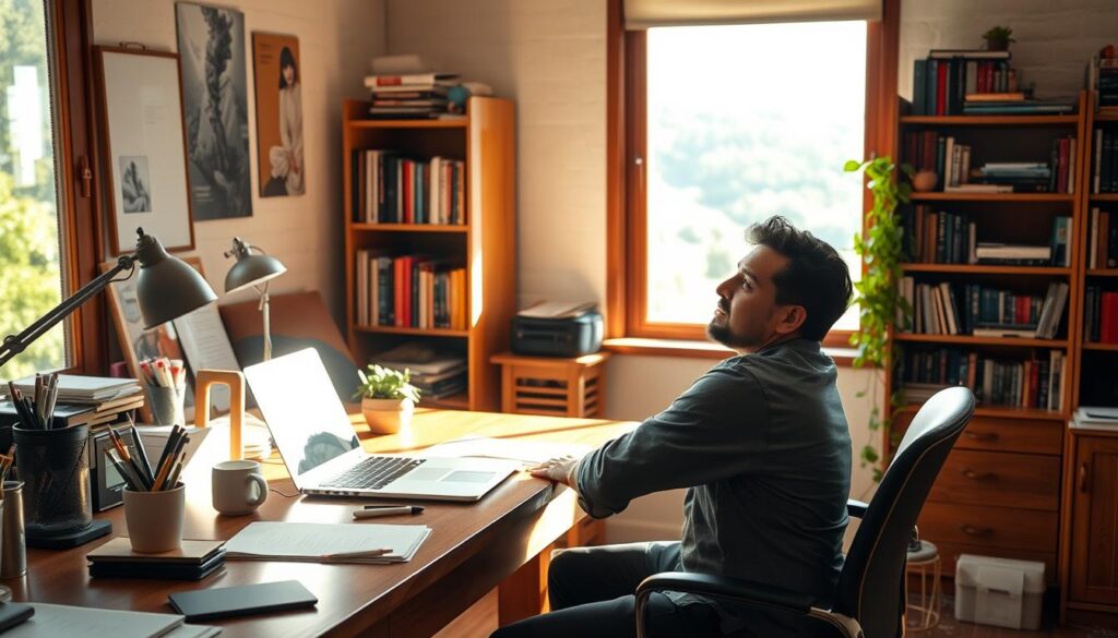 A warm and inviting office setting, with a wooden desk, a laptop, and various office supplies. In the foreground, a person with the name "Antonio Fuentes" is seated at the desk, engaged in thoughtful contemplation, their expression conveying a sense of creativity and connection. The lighting is soft and natural, casting a gentle glow across the scene. In the background, a bookshelf filled with books and a window overlooking a lush, verdant landscape. The overall atmosphere is one of inspiration and personalization, reflecting the "humanizing" of the SEO content creation process.