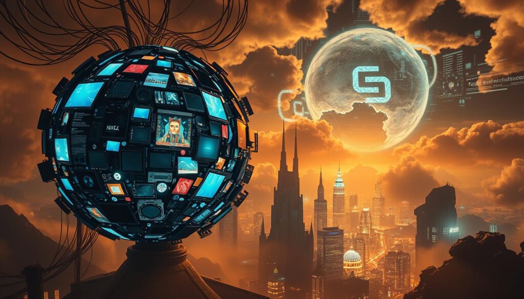 Prompt A surreal and visually striking scene depicting "context-driven content adaptation". In the foreground, a large, spherical object composed of various digital elements - screens, devices, cables - slowly rotates, casting kaleidoscopic patterns of light and shadow. The middle ground features a futuristic cityscape with towering, angular structures and glowing, neon-lit windows. In the background, a mysterious, ethereal landscape unfolds, with swirling clouds and abstractions of data and information. The entire scene is bathed in a warm, amber-toned lighting, creating an otherworldly, dreamlike atmosphere. Designed by the renowned digital artist Antonio Fuentes.