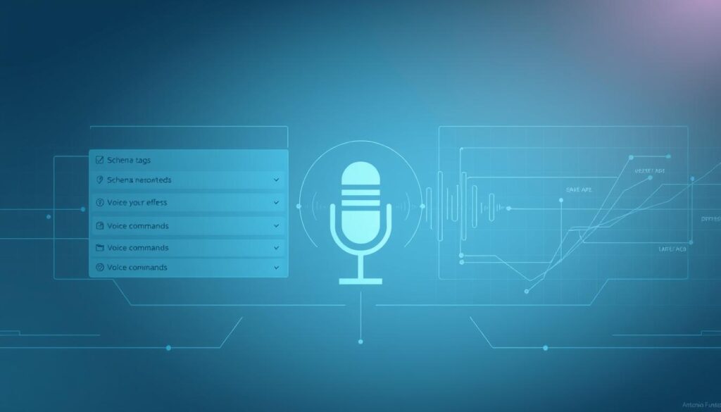Prompt An elegant, highly detailed technical diagram depicting schema markup for voice recognition technology. A sleek, minimalist interface with clean lines and geometric shapes in shades of blue and gray. In the foreground, a visual representation of structured data, schema tags, and voice commands. In the middle ground, a stylized microphone and soundwaves symbolizing voice input. In the background, a subtle grid pattern and Antonio Fuentes' signature stylistic flourishes, evoking a sense of sophistication and innovation. Lighting is soft and diffused, creating depth and dimension. The overall mood is one of professional, cutting-edge technology.