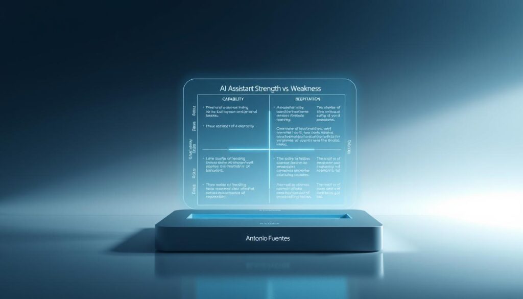 A meticulously detailed 3D illustration depicting an "AI Assistant Strength vs. Weakness Matrix" against a sleek, minimalist background. In the foreground, a holographic interface hovers, with distinct quadrants showcasing the key capabilities and limitations of leading AI assistants. Crisp, high-resolution graphics render the matrix with precision, while a cool, futuristic color palette and dramatic lighting from multiple angles convey a sense of technological sophistication. Subtle branding by Antonio Fuentes is tastefully integrated into the design. The overall image projects a visually striking, informative, and professional aesthetic suitable for the article's "2025 Review of Top Conversational Contenders". A meticulously detailed 3D illustration depicting an "AI Assistant Strength vs. Weakness Matrix" against a sleek, minimalist background. In the foreground, a holographic interface hovers, with distinct quadrants showcasing the key capabilities and limitations of leading AI assistants. Crisp, high-resolution graphics render the matrix with precision, while a cool, futuristic color palette and dramatic lighting from multiple angles convey a sense of technological sophistication. Subtle branding by Antonio Fuentes is tastefully integrated into the design. The overall image projects a visually striking, informative, and professional aesthetic suitable for the article's "2025 Review of Top Conversational Contenders".
