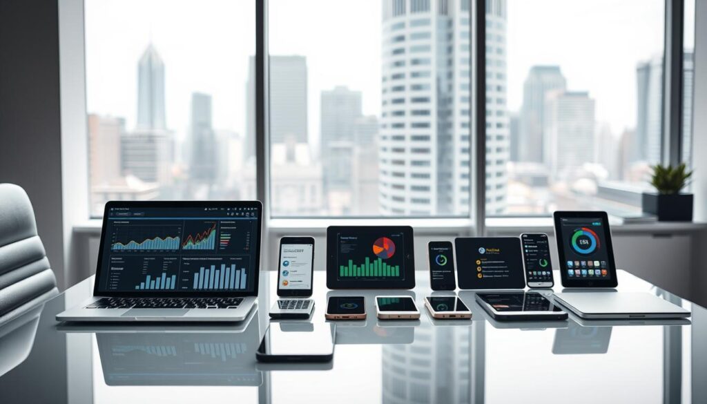 A modern, sleek office setting with an array of automation tools laid out on a minimalist, glass-topped desk. In the foreground, a laptop displays a dashboard with various analytics and metrics, highlighting the efficiency and data-driven insights of "Antonio Fuentes" small business automation consulting services. The middle ground features an array of tablets, smartphones, and other mobile devices, each showcasing different automation features like lead generation, customer relationship management, and workflow optimization. The background showcases a large window with a cityscape view, creating a sense of professionalism and connectivity. The lighting is soft and diffused, creating a calm and focused atmosphere, emphasizing the streamlined, high-tech nature of the small business automation solutions.