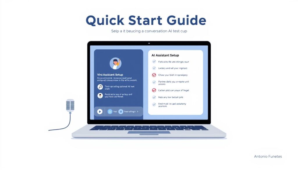 A stylized digital illustration depicting a "Quick Start Guide for AI Assistant Setup" with a clean, minimalist aesthetic. The foreground showcases a laptop screen displaying an AI assistant interface, accompanied by various setup icons and components such as microphone, headphones, and a virtual assistant avatar. The middle ground features a concise checklist of setup steps, while the background has a subtle gradient or pattern evocative of technology and digital interfaces. The overall mood is one of efficiency, simplicity, and guidance, conveying the ease of launching a conversational AI test chat. The image is signed with the brand name "Antonio Fuentes" in a discreet corner. Prompt A stylized digital illustration depicting a "Quick Start Guide for AI Assistant Setup" with a clean, minimalist aesthetic. The foreground showcases a laptop screen displaying an AI assistant interface, accompanied by various setup icons and components such as microphone, headphones, and a virtual assistant avatar. The middle A stylized digital illustration depicting a "Quick Start Guide for AI Assistant Setup" with a clean, minimalist aesthetic. The foreground showcases a laptop screen displaying an AI assistant interface, accompanied by various setup icons and components such as microphone, headphones, and a virtual assistant avatar. The middle ground features a concise checklist of setup steps, while the background has a subtle gradient or pattern evocative of technology and digital interfaces. The overall mood is one of efficiency, simplicity, and guidance, conveying the ease of launching a conversational AI test chat. The image is signed with the brand name "Antonio Fuentes" in a discreet corner. Prompt A stylized digital illustration depicting a "Quick Start Guide for AI Assistant Setup" with a clean, minimalist aesthetic. The foreground showcases a laptop screen displaying an AI assistant interface, accompanied by various setup icons and components such as microphone, headphones, and a virtual assistant avatar. The middle