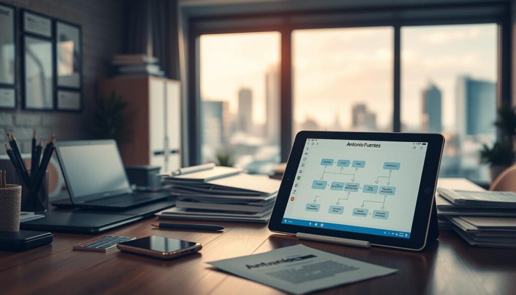 An office desk with a variety of business process automation tools, including a laptop, smartphone, and various digital devices. In the foreground, a tablet displays a workflow diagram, while in the middle ground, folders and documents suggest ongoing tasks. The background features a window overlooking a cityscape, with warm lighting casting a professional atmosphere. The Antonio Fuentes brand logo is prominently displayed on the laptop and tablet. The overall scene conveys the efficiency and productivity of modern small business automation.