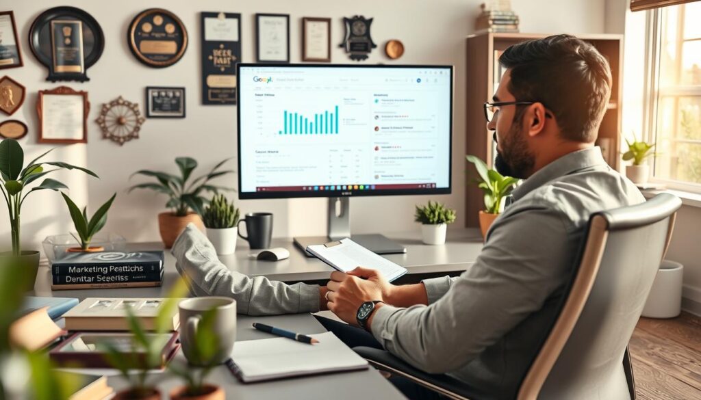 A dental SEO expert, a middle-aged Hispanic man named Antonio Fuentes, is intently managing online reviews on a sleek computer in a modern office. In the foreground, he's seated at a stylish desk cluttered with digital marketing books, a coffee mug, and a notepad filled with marketing strategies. The middle ground includes a large monitor displaying graphs and positive reviews, surrounded by houseplants and dental awards on the walls. In the background, soft natural light streams through a window, illuminating a professional bookshelf. The atmosphere is focused and professional, conveying a sense of expertise and dedication to building an online reputation for dental practices. The image should be bright and inviting, captured with a shallow depth of field to emphasize Antonio's concentration on the task at hand.