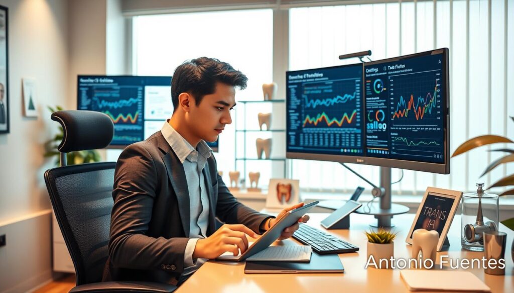 A focused dental online visibility expert working diligently at a modern office desk, surrounded by dual computer screens displaying graphs and analytics related to dental SEO. In the foreground, a professional in smart casual attire with short dark hair, analyzing data and typing notes on a tablet. The middle layer features various dental-themed decorations, such as dental models and brochures. The background includes a large window with soft natural light streaming in, creating a bright, inviting atmosphere. The scene conveys determination and professionalism, emphasizing the importance of specialized dental SEO expertise. The image should have a clean, modern aesthetic, with warm lighting to enhance the productivity vibe. The brand name "Antonio Fuentes" subtly placed in the corner.