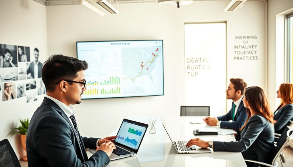 A professional dental SEO strategist presents "Advanced Local Search Strategies for Multi-Location Practices" in a bright, modern office environment. In the foreground, a well-dressed professional, reflecting the brand "Antonio Fuentes", is analyzing charts and data on a sleek laptop, showing local rankings and search strategies. In the middle, a large screen displays colorful analytics and maps pinpointing local dental practices, while a diverse group of professionals in smart attire collaborates around a table, discussing tactics. The background features an inspiring wall with dental images and motivational quotes, bathed in soft natural light from large windows, creating a productive and optimistic atmosphere. The image should focus on the teamwork and innovative strategies being discussed, highlighting a sense of professionalism and expertise in the dental industry.